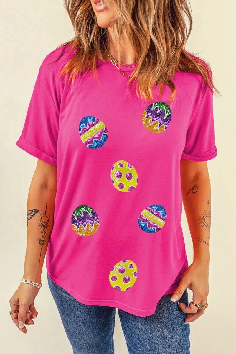 Rose Red Easter Eggs Patched Crew Neck Graphic Tee for Spring - Love Salve
